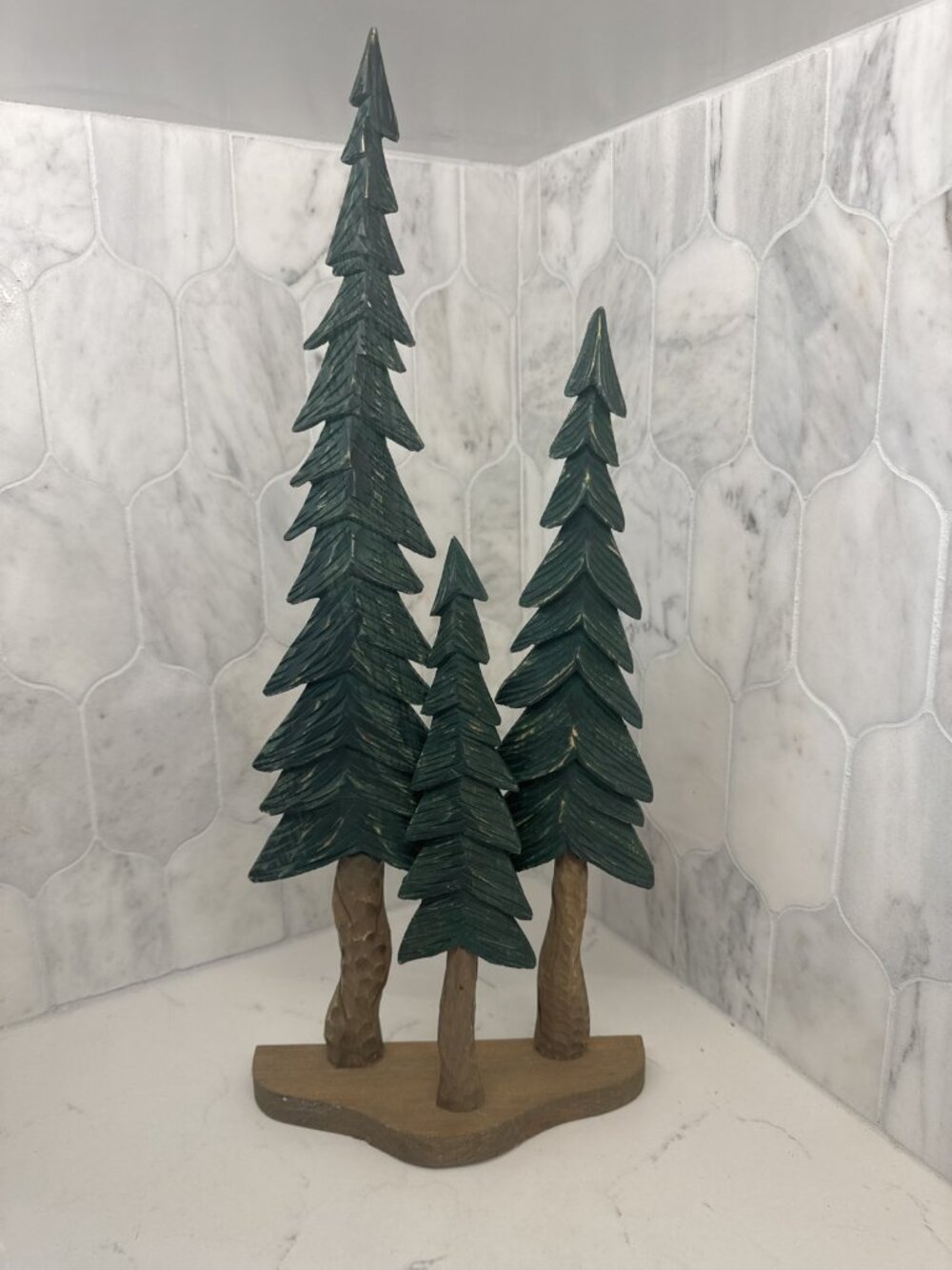 Hand Carved Wood 3 Pine Trees on Base 20in Folk Art Christmas Evergreen Cabin
